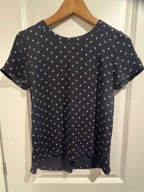 LOFT Mixed Media Petites XSP Navy Leaf Print Top
